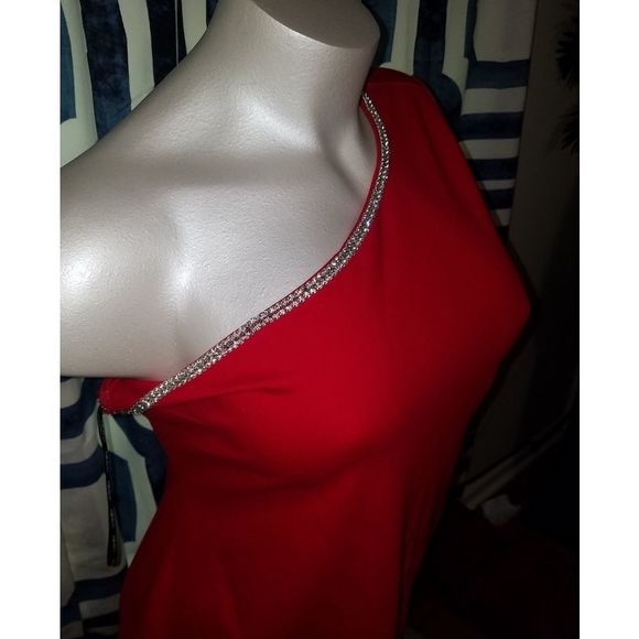 Plus size asymmetrical red diamond party dress. - Picture 3 of 5